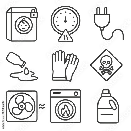 Laundry Safety Icons. Outline style icons of Laundry Safety: childproof detergent box, hot drum warning, unplug icon, spill