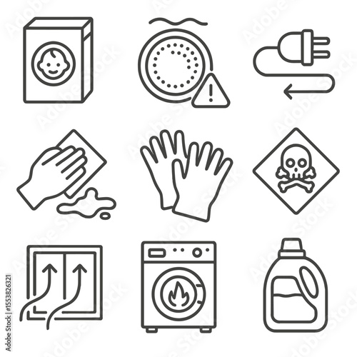 Laundry Safety Icons. Outline style icons of Laundry Safety: childproof detergent box, hot drum warning, unplug icon, spill