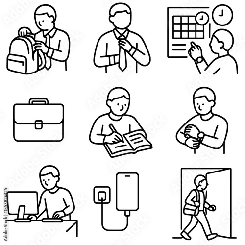 Work and Study Prep. Outline style icons of Work and Study Prep: packing backpack, dressing up, checking schedule, laptop bag icon