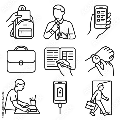 Work and Study Prep. Outline style icons of Work and Study Prep: packing backpack, dressing up, checking schedule, laptop bag icon