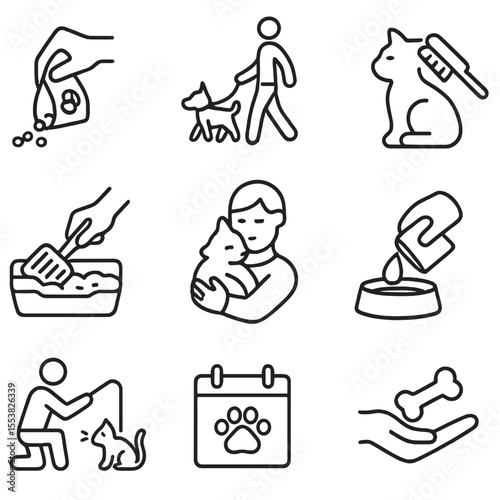 Pet Care Icons. Outline style icons of Pet Care: feeding pet, walking dog, brushing fur, cleaning litter box, pet cuddle, filling