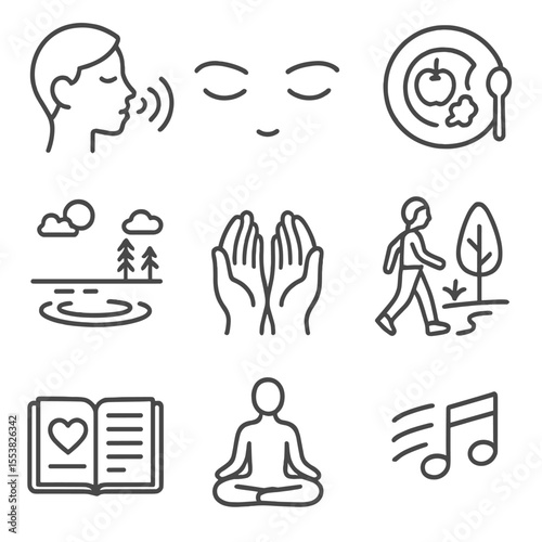 Mindfulness Icons Collection. Outline style icons of Mindfulness Moments: breathing icon, closed eyes, mindful eating, calm lake