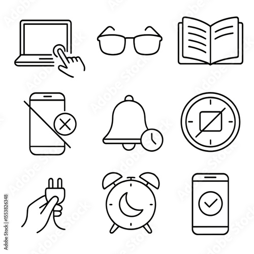 Evening Digital Detox Icons. Outline style icons of Evening Digital Detox: turning off devices, blue light glasses, reading book