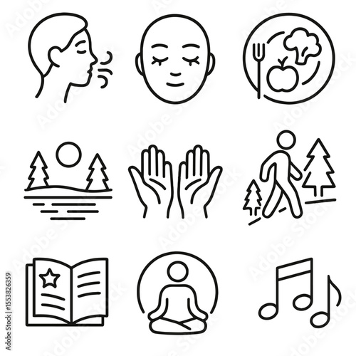 Mindfulness Icons Collection. Outline style icons of Mindfulness Moments: breathing icon, closed eyes, mindful eating, calm lake