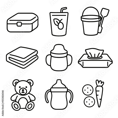 Child Picnic Icons. Outline style icons of Child Picnic Items: mini lunchbox, juice pouch, toy bucket, children’s blanket, toddler