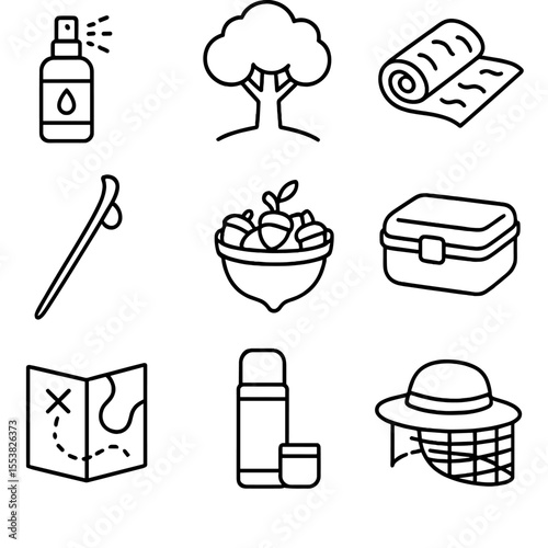 Forest Picnic Essentials Icons. Outline style icons of Forest Picnic Essentials: bug repellent spray, tree shade spot, hiking