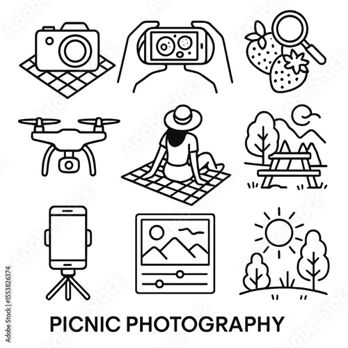 Picnic Photography Icons. Outline style icons of Picnic Photography: camera on blanket, flat lay food photo, macro berry shot,