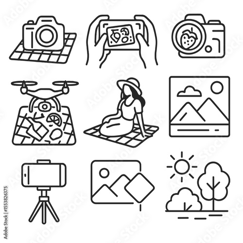 Picnic Photography Icons. Outline style icons of Picnic Photography: camera on blanket, flat lay food photo, macro berry shot,