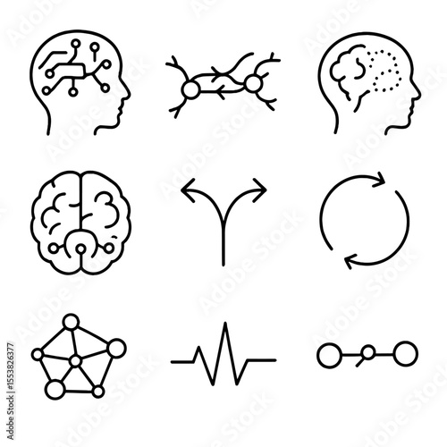 Brain Circuit Icons. Outline style icons of Neural Pathways: circuit map in brain, signal transmission flow, activated brain areas