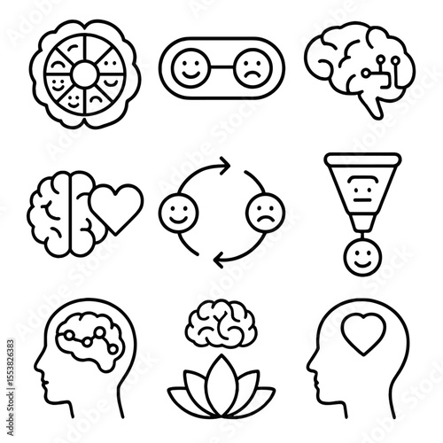 Emotional Regulation Icons. Outline style icons of Emotional Regulation and Rewiring: emotional wheel in brain, happy-sad switch
