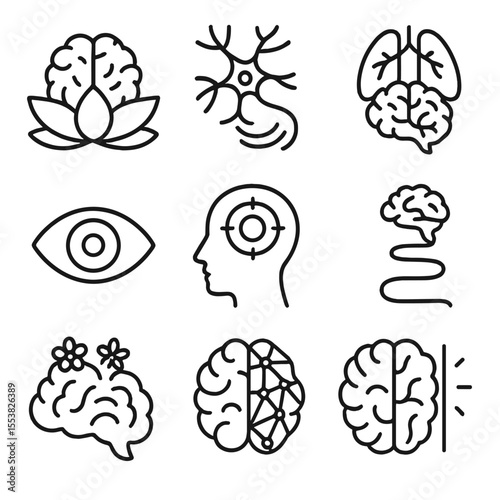 Meditation Impact Icons. Outline style icons of Meditation and Mindfulness Impact: brain in lotus position, neuron with calm waves