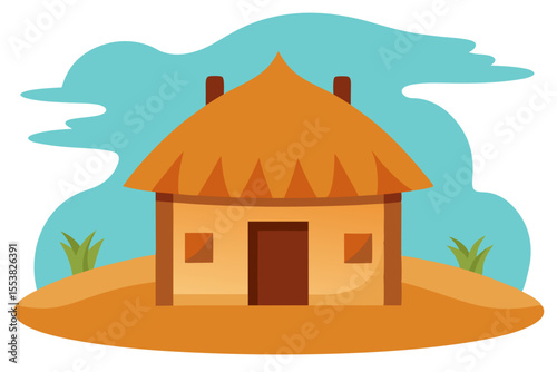 Traditional Thatched Roof Hut Simple Rural Home Design Illustration
