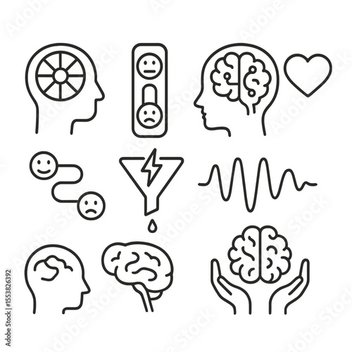 Emotional Regulation Icons. Outline style icons of Emotional Regulation and Rewiring: emotional wheel in brain, happy-sad switch