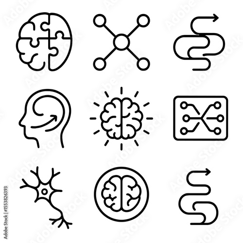 Neurodivergence Icons. Outline style icons of Neurodivergence and Plasticity: autism spectrum brain, ADHD neurocircuit, dyslexia