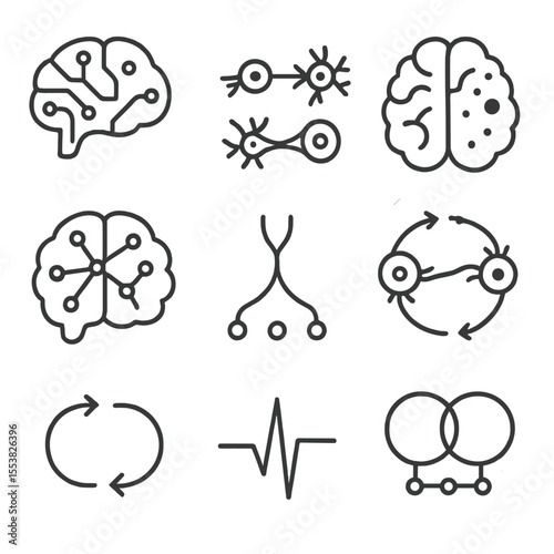 Brain Circuit Icons. Outline style icons of Neural Pathways: circuit map in brain, signal transmission flow, activated brain areas