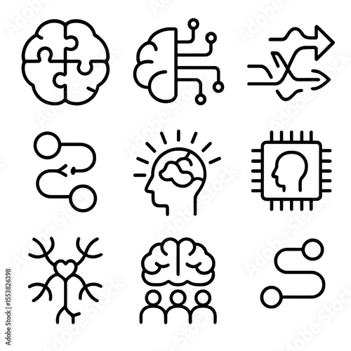 Neurodivergence Icons. Outline style icons of Neurodivergence and Plasticity: autism spectrum brain, ADHD neurocircuit, dyslexia