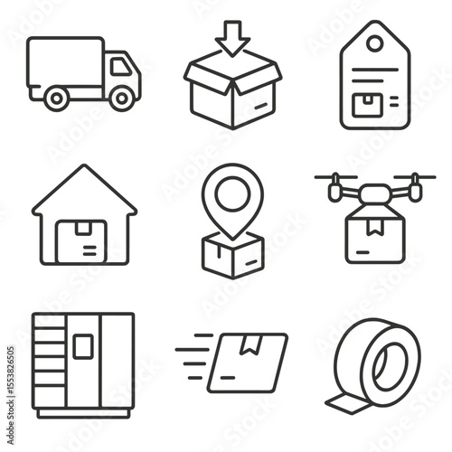 Delivery Icons Collection. Outline style icons of Delivery and Fulfillment: delivery truck, warehouse box, shipping label, home