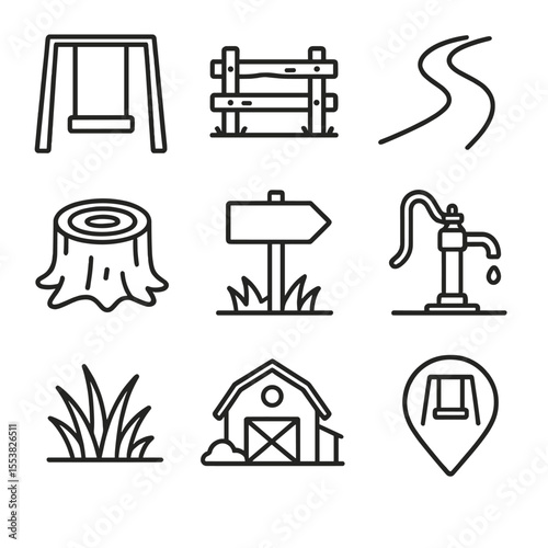 Rural Playground Icons. Outline style icons of Rural Playground Setup: open field swing set, wooden fence, dirt path, tree stump