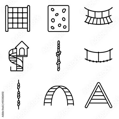 Playground Climbing Icons. Outline style icons of Climbing Structures: climbing net, climbing wall with grips, ladder bridge,