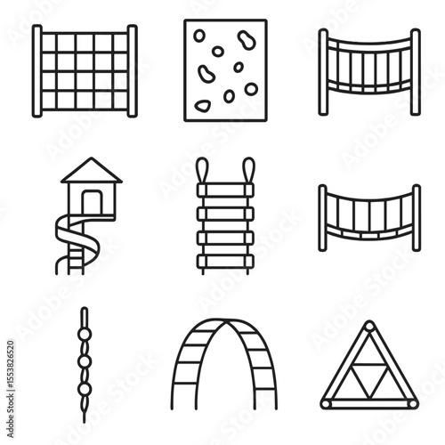 Playground Climbing Icons. Outline style icons of Climbing Structures: climbing net, climbing wall with grips, ladder bridge,