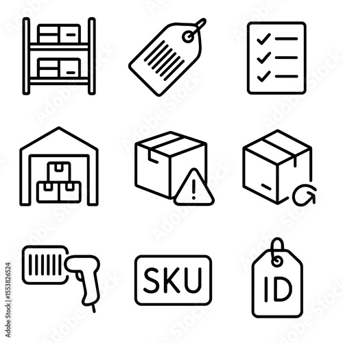 Inventory Management Icons. Outline style icons of Inventory Management: product shelf, barcode tag, inventory checklist,