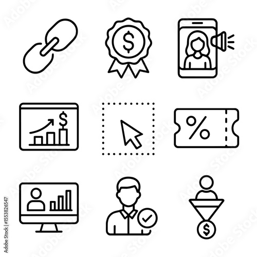 E-commerce Affiliate Icons. Outline style icons of Affiliate Marketing in E-commerce: affiliate link icon, referral commission
