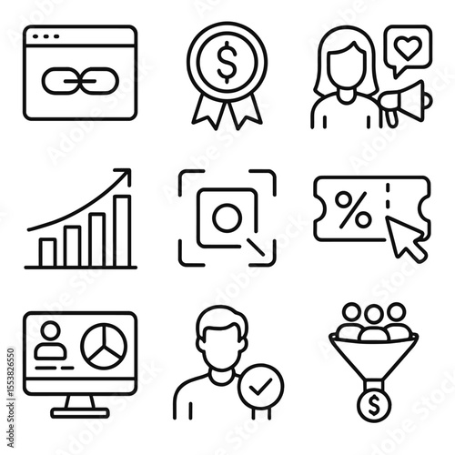 E-commerce Affiliate Icons. Outline style icons of Affiliate Marketing in E-commerce: affiliate link icon, referral commission