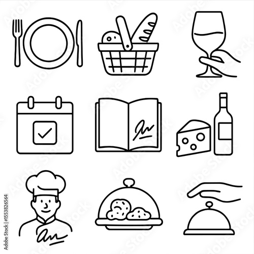 VIP Dining Icons. Outline style icons of VIP Dining and Gourmet Shopping: fine dining plate, gourmet basket, wine tasting glass,