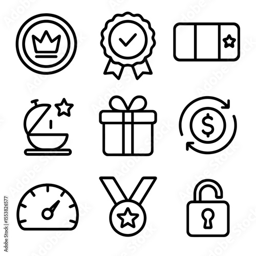 VIP Rewards Icons. Outline style icons of VIP Points and Rewards: crown-shaped coin, redeem badge, loyalty tier bar, exclusive
