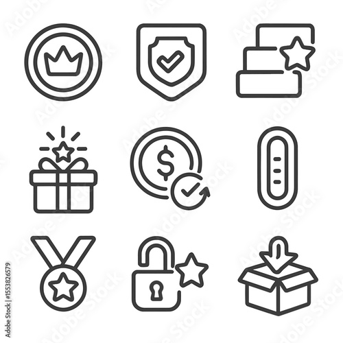 VIP Rewards Icons. Outline style icons of VIP Points and Rewards: crown-shaped coin, redeem badge, loyalty tier bar, exclusive