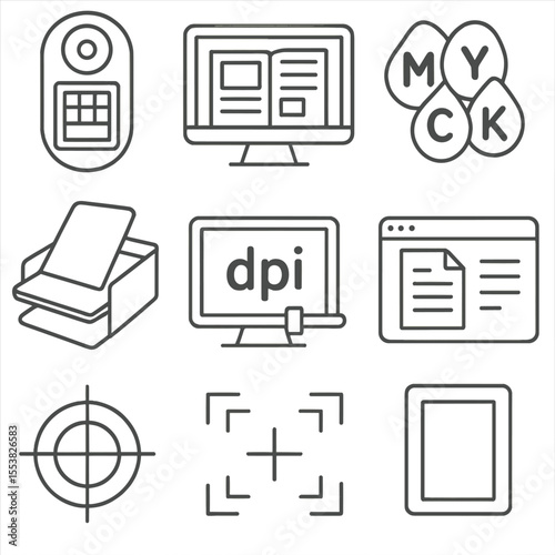 Print Tool Icons. Outline style icons of Print Setup Tools: color calibration tool, print layout software, CMYK palette, paper
