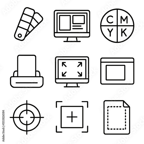 Print Tool Icons. Outline style icons of Print Setup Tools: color calibration tool, print layout software, CMYK palette, paper
