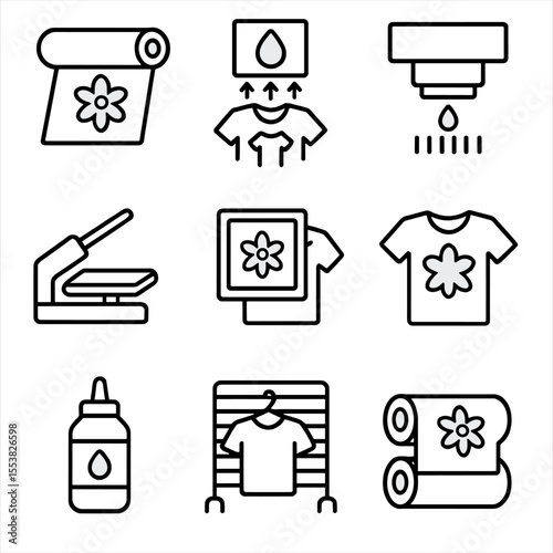 Textile Printing Icons. Outline style icons of Textile Printing: fabric on roller, dye sublimation icon, DTG printer head, heat