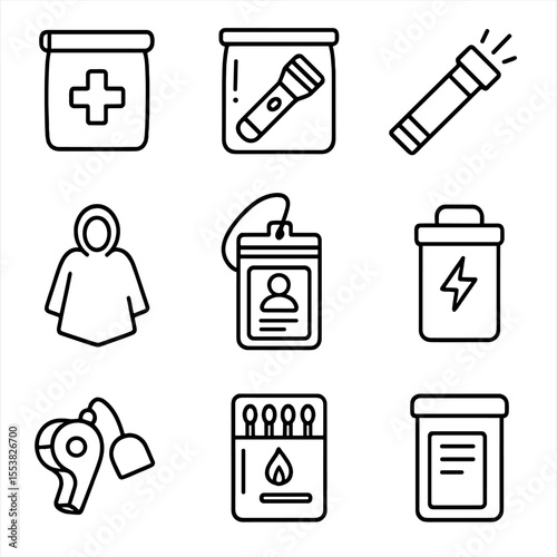 Emergency Kit Icons. Outline style icons of Emergency Waterproof Kits: sealed first-aid pouch, flashlight in waterproof case,