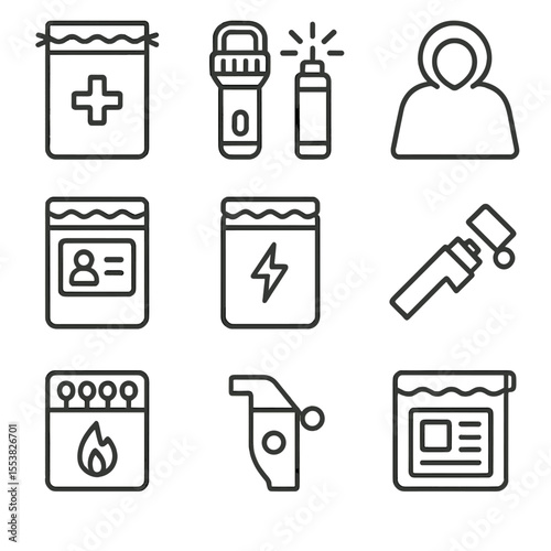 Emergency Kit Icons. Outline style icons of Emergency Waterproof Kits: sealed first-aid pouch, flashlight in waterproof case,