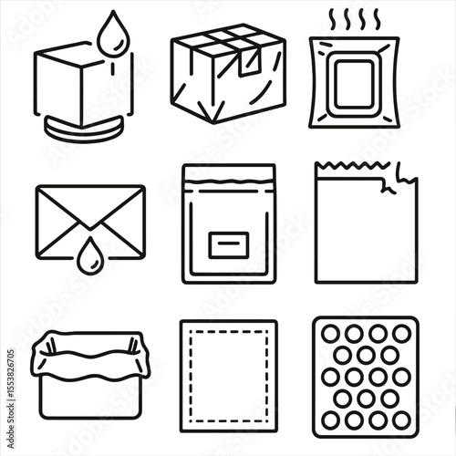 Protective Packaging Icons. Outline style icons of Protective Waterproof Packaging: anti-leak box seal, shrink wrap icon,