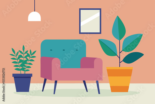 A contemporary living room interior features a comfortable sofa, chairs, and a wooden table, enhanced by a decorative plant in a pot near the window