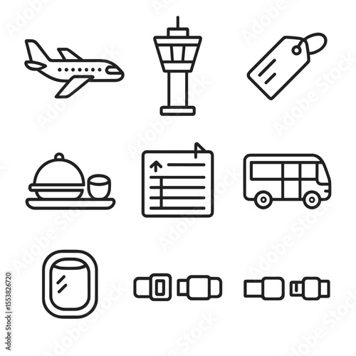 Air Travel Icons. Outline style icons of Air Travel: airplane icon, control tower, flight ticket, luggage tag, in-flight meal,