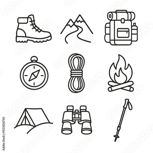 Wallpaper Mural Adventure Travel Icons. Outline style icons of Adventure Travel: hiking boots, mountain trail, backpack with gear, compass, Torontodigital.ca