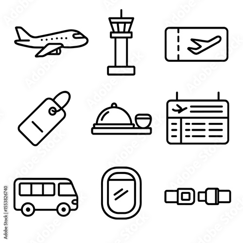 Air Travel Icons. Outline style icons of Air Travel: airplane icon, control tower, flight ticket, luggage tag, in-flight meal,