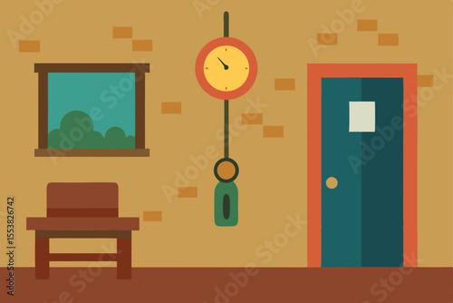 Vector illustration of a business office room interior with a window and a computer on a table, a flat design concept