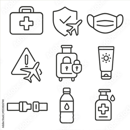 Travel Safety Icons. Outline style icons of Travel Safety and Health: first aid kit, travel insurance icon, face mask, travel