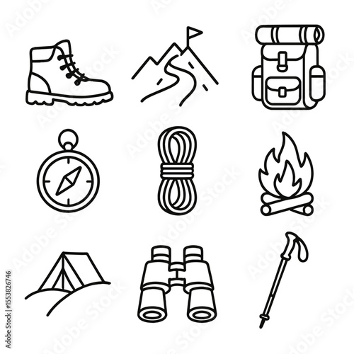 Adventure Travel Icons. Outline style icons of Adventure Travel: hiking boots, mountain trail, backpack with gear, compass,