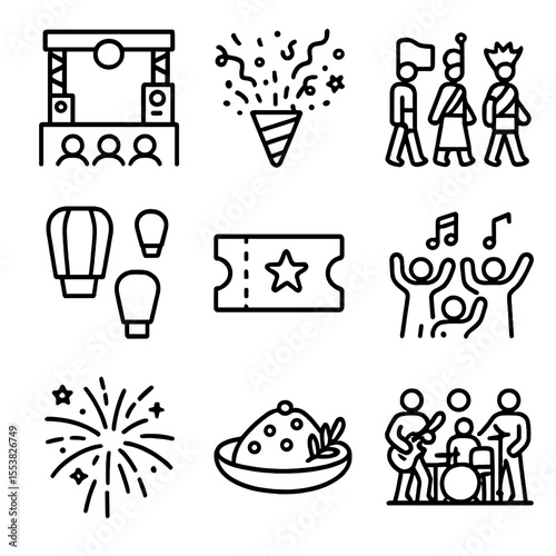 Festival Tourism Icons. Outline style icons of Festival Tourism: music stage, confetti explosion, cultural parade, lantern release