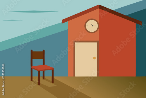 Vector illustration of an empty room interior with a chair, door, window, and wood floor