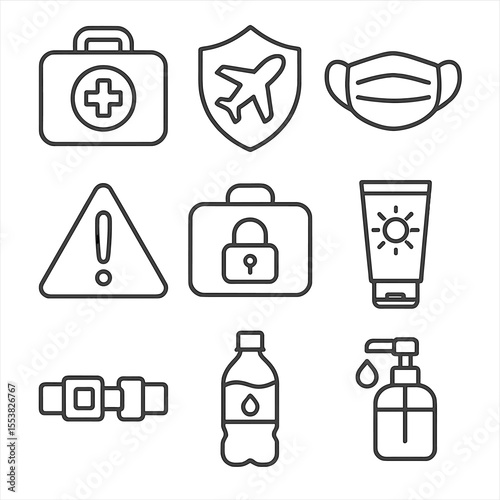 Travel Safety Icons. Outline style icons of Travel Safety and Health: first aid kit, travel insurance icon, face mask, travel