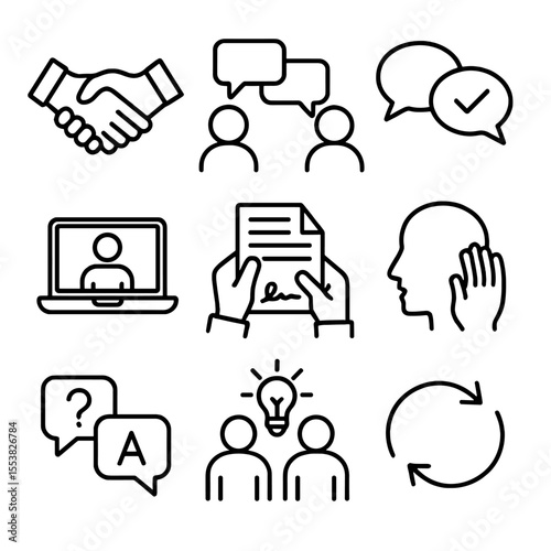 Workplace Dialogue Icons. Outline style icons of Workplace Dialogue: handshake, two people talking, speech bubbles with check mark