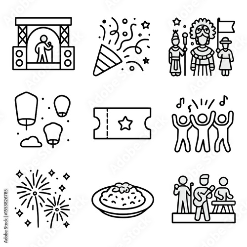 Festival Tourism Icons. Outline style icons of Festival Tourism: music stage, confetti explosion, cultural parade, lantern release