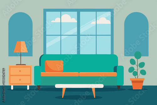 Modern living room interior with a comfortable sofa, stylish furniture, and contemporary decor creates a luxurious home design
