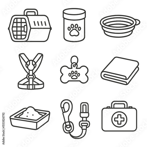Pet Travel Icons. Outline style icons of Pet Travel Essentials: pet carrier, travel food container, collapsible water bowl,
